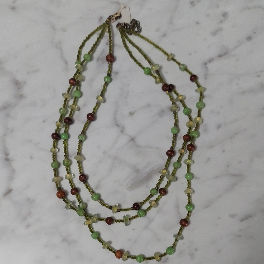 Brown And Green Beaded 3-strand Necklace